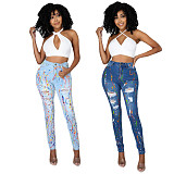 Hot Sales Women Streetwear Splash-ink High Waist Washed Ripped Skinny Denim Pencil Pants OSM-5318