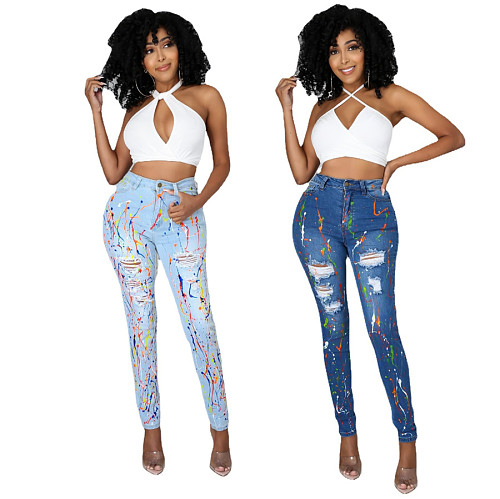 Hot Sales Women Streetwear Splash-ink High Waist Washed Ripped Skinny Denim Pencil Pants OSM-5318