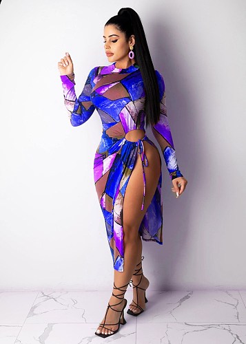 Sexy Print Women Long Sleeve Skinny Stretch Lace Up Hollow Out High Slit Night Clubwear Maxi Dress YMT-6230