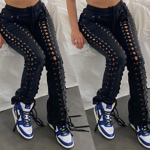 Fashion Solid Color Women Streetwear Eyelet Bandage Special Design Mid Waist Lace Up Pants BNY-7207