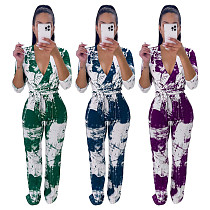 Fashion Women Clothing Vintage Digital Print V Neck Long Sleeve Casual Long Sash Autumn Jumpsuit ANDI-0706