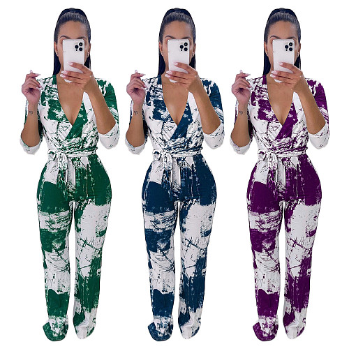 Fashion Women Clothing Vintage Digital Print V Neck Long Sleeve Casual Long Sash Autumn Jumpsuit ANDI-0706
