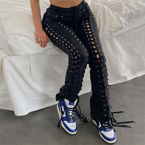Fashion Solid Color Women Streetwear Eyelet Bandage Special Design Mid Waist Lace Up Pants BNY-7207