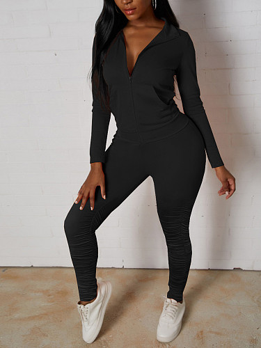 Casual Women Active Wear Solid Color Long Sleeve Zipper Jacket Pleated Skinny Pants Sports 2 Piece Set FSL-115