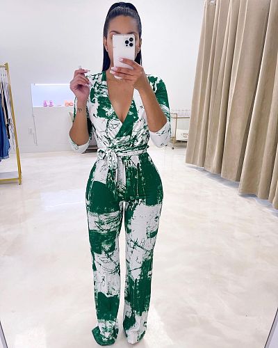 Fashion Women Clothing Vintage Digital Print V Neck Long Sleeve Casual Long Sash Autumn Jumpsuit ANDI-0706