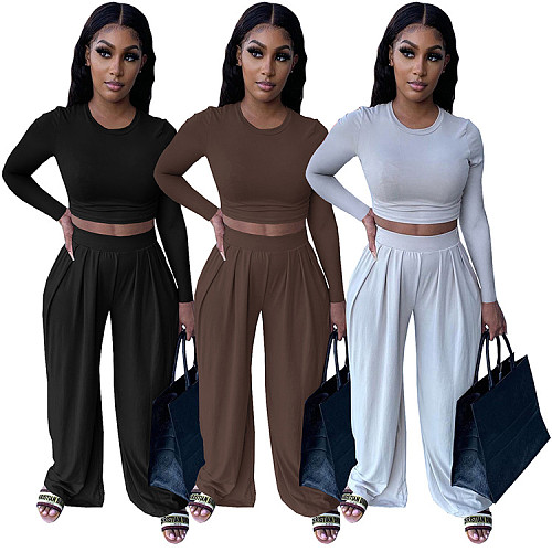 Autumn Casual Skinny Solid Long Sleeve O Neck Cropped Tee Tops Wide Leg Pants Ladies Two Piece Set GLS-10013
