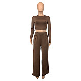 Autumn Casual Skinny Solid Long Sleeve O Neck Cropped Tee Tops Wide Leg Pants Ladies Two Piece Set GLS-10013