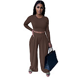 Autumn Casual Skinny Solid Long Sleeve O Neck Cropped Tee Tops Wide Leg Pants Ladies Two Piece Set GLS-10013