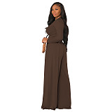 Autumn Casual Skinny Solid Long Sleeve O Neck Cropped Tee Tops Wide Leg Pants Ladies Two Piece Set GLS-10013