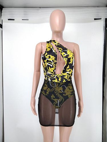 Sexy One Shoulder Hollow Out Mesh Patchwork Backless Bandage Party Club Bodycon Mini Dress NK-8612