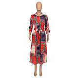 Elegant Women Autumn Paisley Bandanna Print Long Sleeve Turn-Down Neck Vintage Fashion Maxi Dress GLS-10023