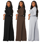 Autumn Casual Skinny Solid Long Sleeve O Neck Cropped Tee Tops Wide Leg Pants Ladies Two Piece Set GLS-10013
