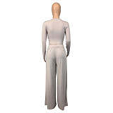 Autumn Casual Skinny Solid Long Sleeve O Neck Cropped Tee Tops Wide Leg Pants Ladies Two Piece Set GLS-10013