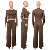 Autumn Casual Skinny Solid Long Sleeve O Neck Cropped Tee Tops Wide Leg Pants Ladies Two Piece Set GLS-10013