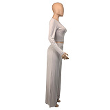 Autumn Casual Skinny Solid Long Sleeve O Neck Cropped Tee Tops Wide Leg Pants Ladies Two Piece Set GLS-10013