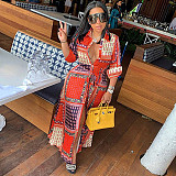 Elegant Women Autumn Paisley Bandanna Print Long Sleeve Turn-Down Neck Vintage Fashion Maxi Dress GLS-10023
