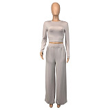 Autumn Casual Skinny Solid Long Sleeve O Neck Cropped Tee Tops Wide Leg Pants Ladies Two Piece Set GLS-10013