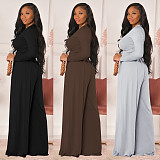 Autumn Casual Skinny Solid Long Sleeve O Neck Cropped Tee Tops Wide Leg Pants Ladies Two Piece Set GLS-10013