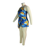 Sexy Print Sleeveless Round Neck Irregular Patchwork Women Summer Club Party Plus Size Rompers JLY-19222