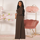 Autumn Casual Skinny Solid Long Sleeve O Neck Cropped Tee Tops Wide Leg Pants Ladies Two Piece Set GLS-10013