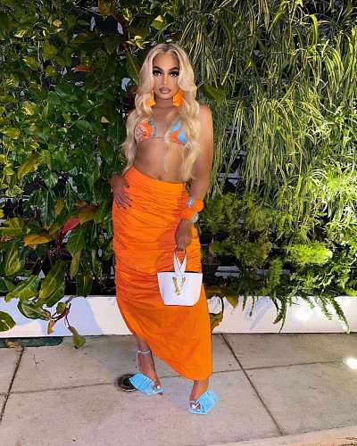 Sexy Summer Women Beach Halter Neck Bandage Backless Bra Top Pleated Maxi Skirt Two Piece Set LSD-81012