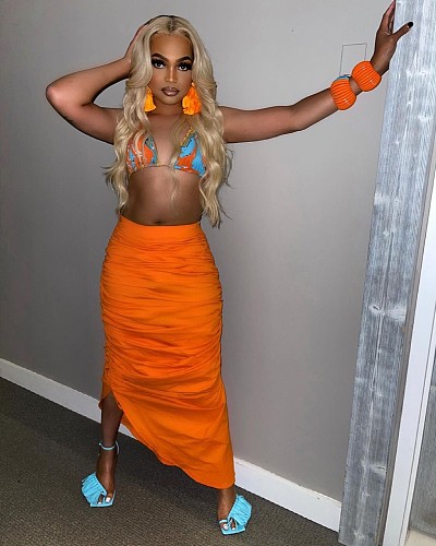 Sexy Summer Women Beach Halter Neck Bandage Backless Bra Top Pleated Maxi Skirt Two Piece Set LSD-81012