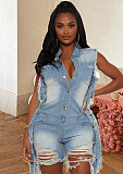 Hot Sale Summer New Sleeveless Lapels Ripped Fashion Streetwear Women's Tassel Denim Rompers LX-6908