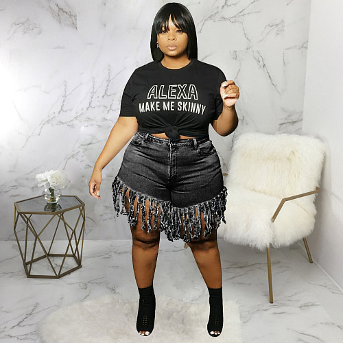 Plus Size Solid Color Autumn Fashion Women's Streetwear High Waist Tassel Jeans Denim Shorts HSF-2372