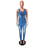 Plus Size Women Clothing Sleeveless Ripped Stretchy Front Zipper Summer Skinny Denim Jumpsuits LX-6911