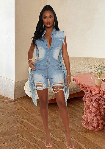 Hot Sale Summer New Sleeveless Lapels Ripped Fashion Streetwear Women's Tassel Denim Rompers LX-6908