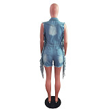 Hot Sale Summer New Sleeveless Lapels Ripped Fashion Streetwear Women's Tassel Denim Rompers LX-6908