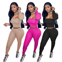 Sexy Solid Off Shoulder Long Sleeve Cropped Top High Waist Elastic Pants Fall Women Two Piece Set NM-8379