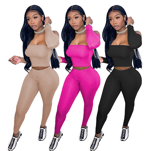 Sexy Solid Off Shoulder Long Sleeve Cropped Top High Waist Elastic Pants Fall Women Two Piece Set NM-8379
