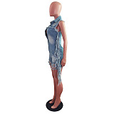 Hot Sale Summer New Sleeveless Lapels Ripped Fashion Streetwear Women's Tassel Denim Rompers LX-6908