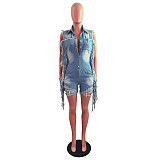 Hot Sale Summer New Sleeveless Lapels Ripped Fashion Streetwear Women's Tassel Denim Rompers LX-6908