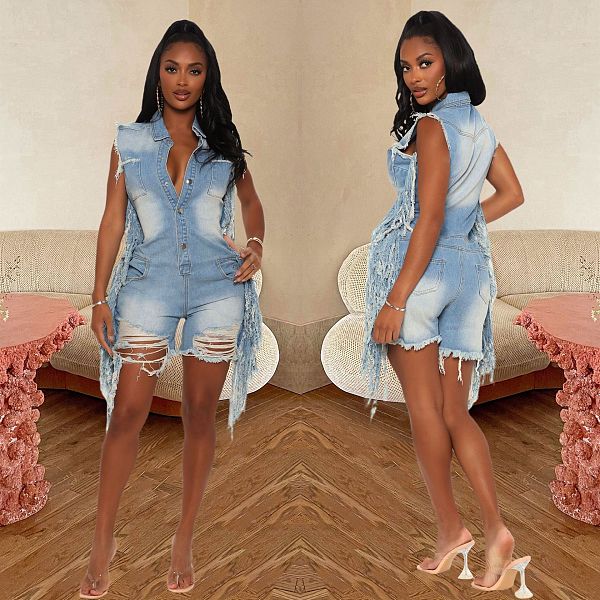 Hot Sale Summer New Sleeveless Lapels Ripped Fashion Streetwear Women's Tassel Denim Rompers LX-6908