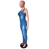 Plus Size Women Clothing Sleeveless Ripped Stretchy Front Zipper Summer Skinny Denim Jumpsuits LX-6911