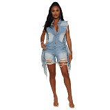 Hot Sale Summer New Sleeveless Lapels Ripped Fashion Streetwear Women's Tassel Denim Rompers LX-6908