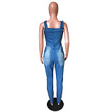 Plus Size Women Clothing Sleeveless Ripped Stretchy Front Zipper Summer Skinny Denim Jumpsuits LX-6911