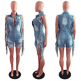 Hot Sale Summer New Sleeveless Lapels Ripped Fashion Streetwear Women's Tassel Denim Rompers LX-6908
