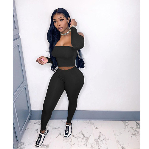 Sexy Solid Off Shoulder Long Sleeve Cropped Top High Waist Elastic Pants Fall Women Two Piece Set NM-8379