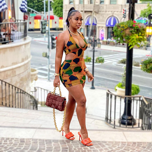 Summer Clothes Sexy Print Hollow Out Sleeveless Halter Bandage Evening Party Bodycon Mini Dress SH-390175