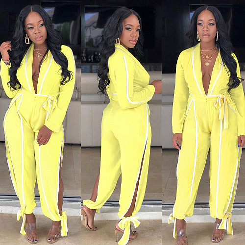 Autumn Sexy High Street Solid Deep V Neck Sashes Long Sleeve High Slit Bandage Women Jumpsuits SH-390178