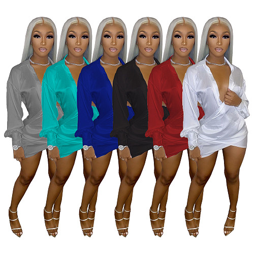 Irregular Long Sleeve Deep V Neck Night Club Shirt Mini Dress WSM-5225
