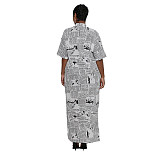 Plus Size Short Sleeve Newspaper Printing Maxi Dresses SFY-2129