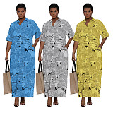 Plus Size Short Sleeve Newspaper Printing Maxi Dresses SFY-2129