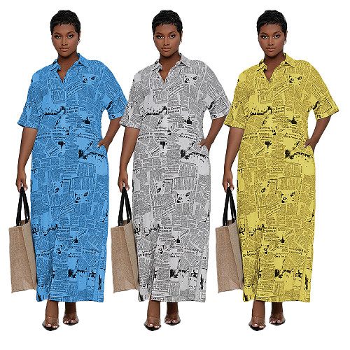 Plus Size Short Sleeve Newspaper Printing Maxi Dresses SFY-2129