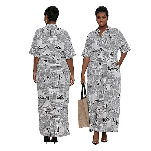 Plus Size Short Sleeve Newspaper Printing Maxi Dresses SFY-2129