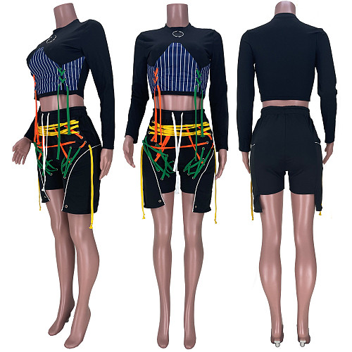 Long Sleeve Patchwork Crop Top Bandage Shorts Set MDF-5251