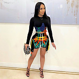 Long Sleeve Patchwork Crop Top Bandage Shorts Set MDF-5251